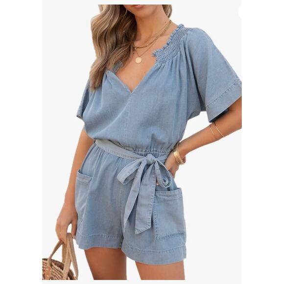 Women Summer Jumpsuit Rompers V Neck Short Sleeve Belt Denim Romper with Pockets - Picture 1 of 3